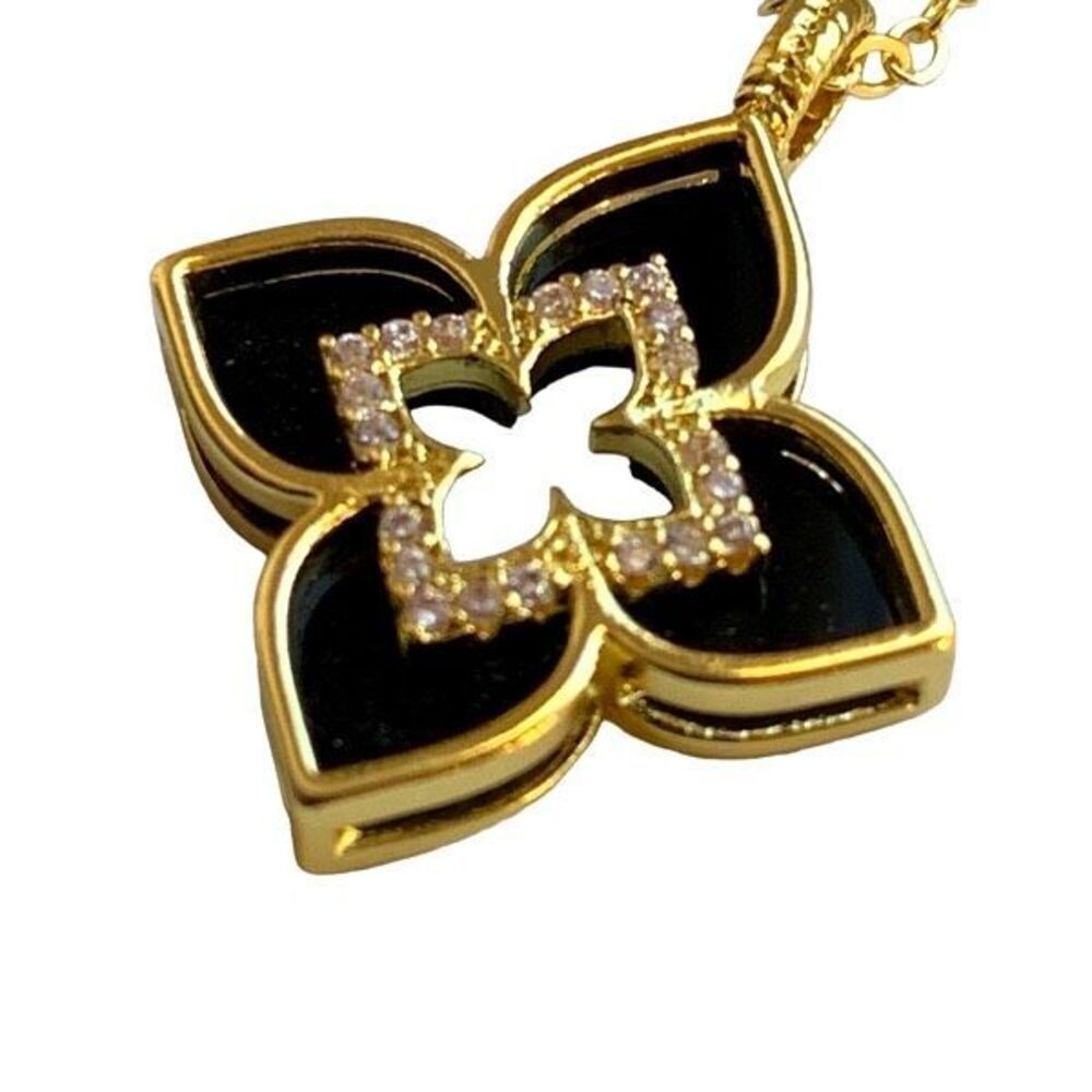 Black Enamel Quatrefoil Flower Pendant Necklace with Crystal Accents